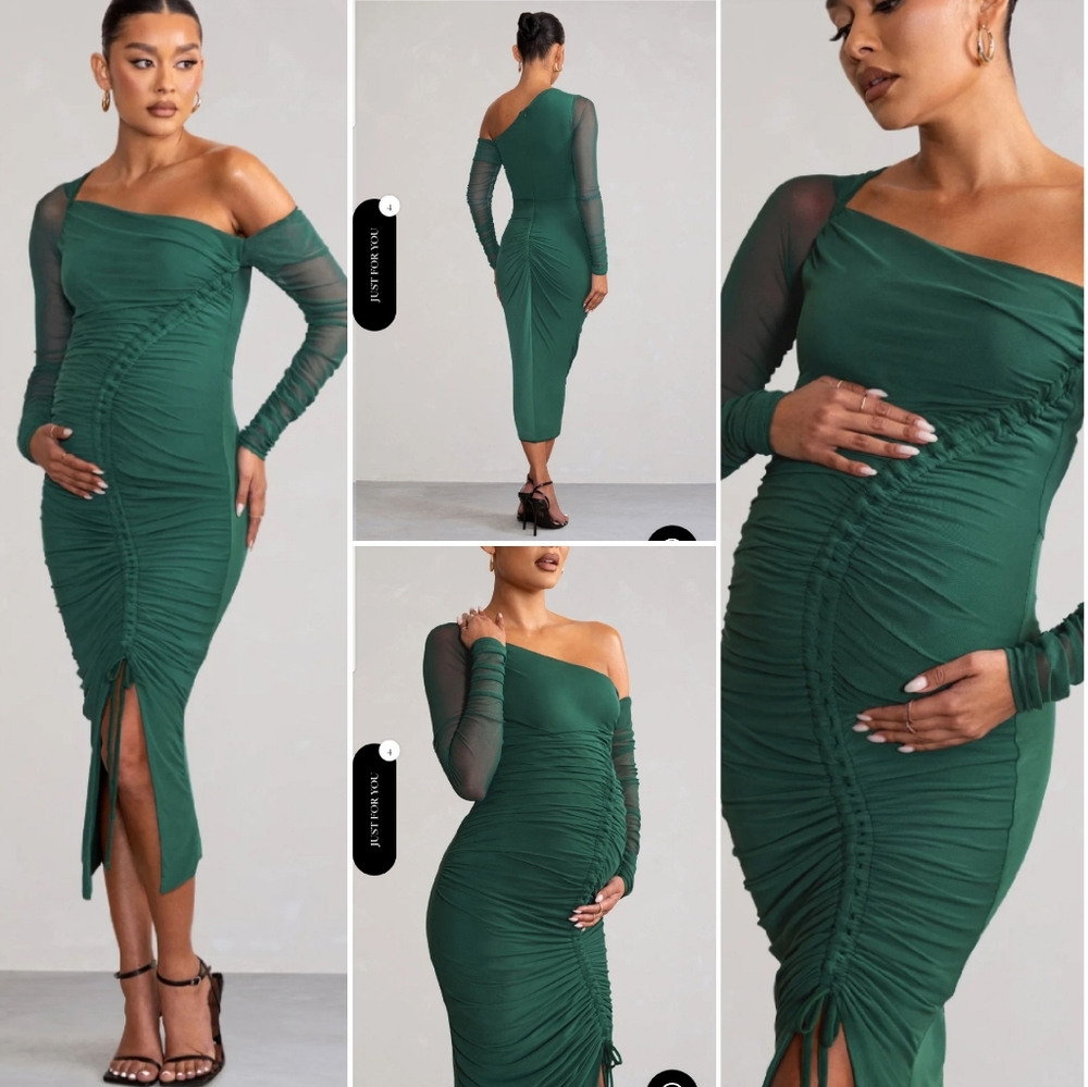 Club L London SWEET DREAMS GREEN MATERNITY ASYMMETRIC RUCHED MIDI DRESS NWT